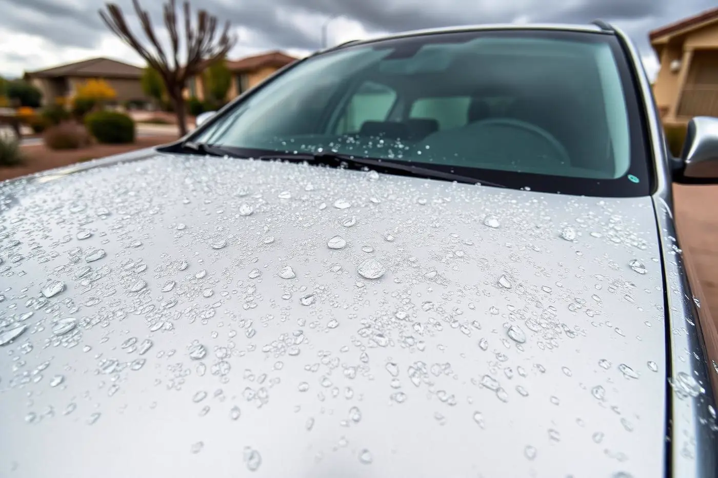 Hail dents across the hood of a parked car in a Southern Utah driveway