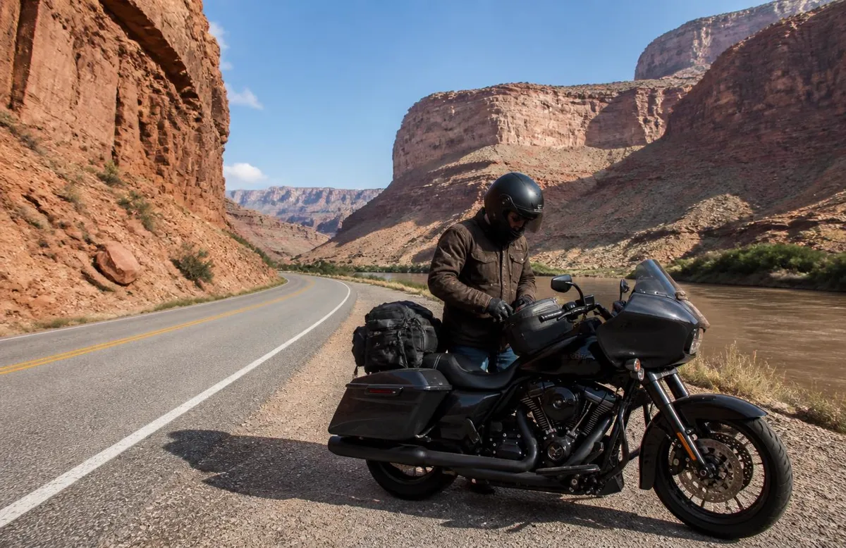 Rider checking a tank bag on the shoulder of a red-rock canyon highway near Parowan, Utah