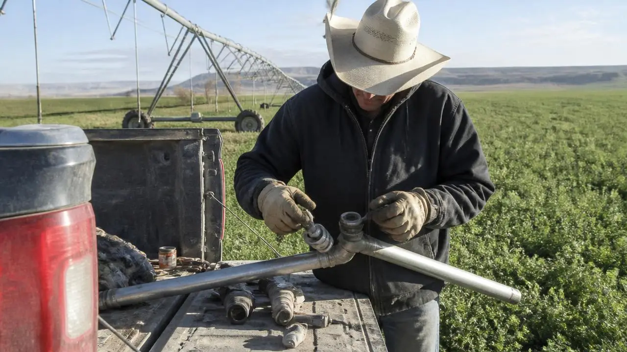 Rancher checking a center-pivot irrigation line near Enterprise, Utah — business insurance, BOP, general liability and workers' comp for Enterprise, Utah 84725 employers