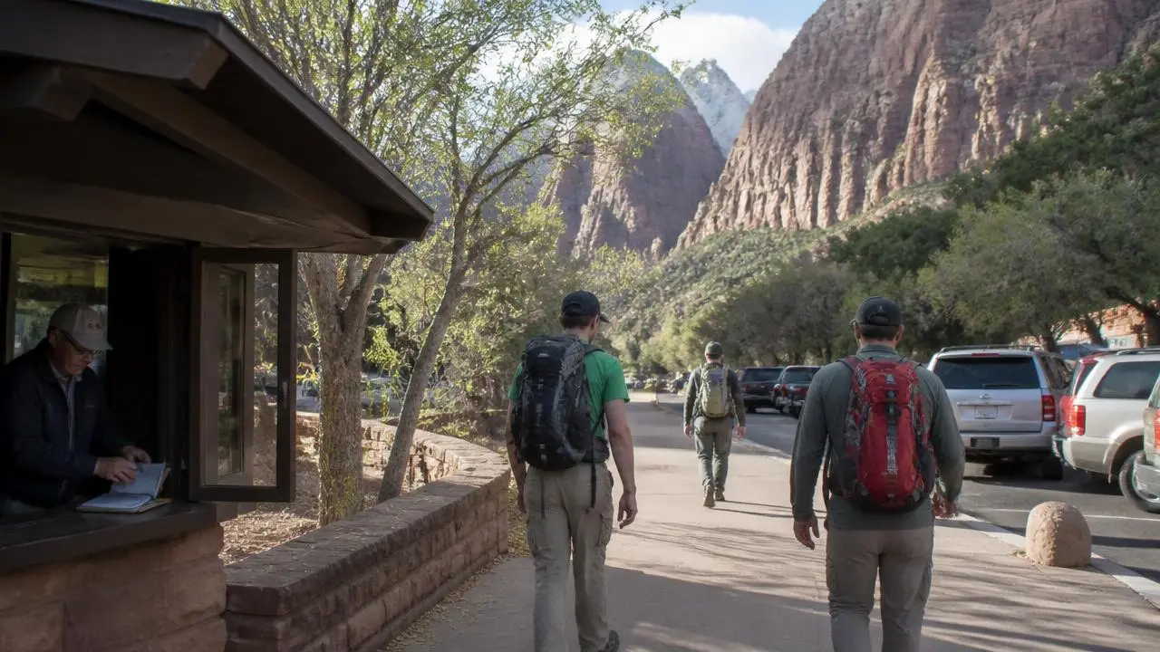 Canyon permit booth attendant with hikers passing in Kanarraville, Utah — business insurance, BOP, general liability and workers' comp for Kanarraville, Utah 84742 employers