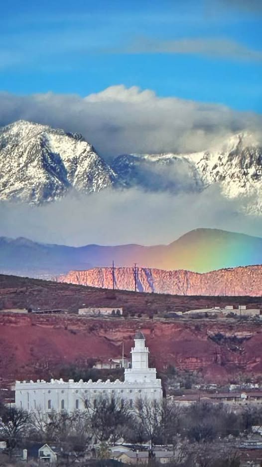 St. George Utah Temple with Pine Valley Mountain and a rainbow — the community OnPoint Insurance serves.