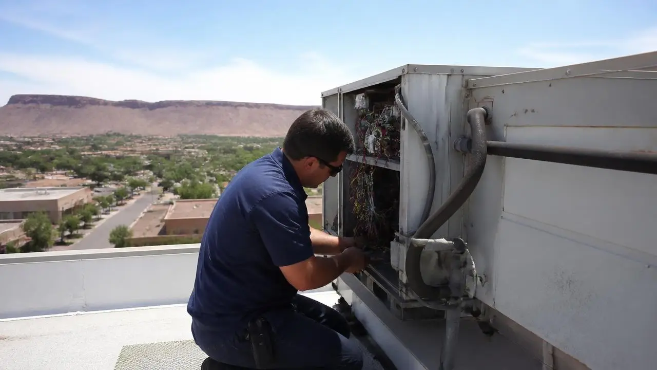 HVAC technician servicing a rooftop unit in La Verkin, Utah — business insurance, BOP, general liability and workers' comp for La Verkin, Utah 84745 employers