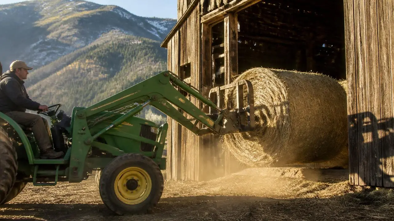 Rancher loading round bales into a barn in New Harmony, Utah — business insurance, BOP, general liability and workers' comp for New Harmony, Utah 84757 employers