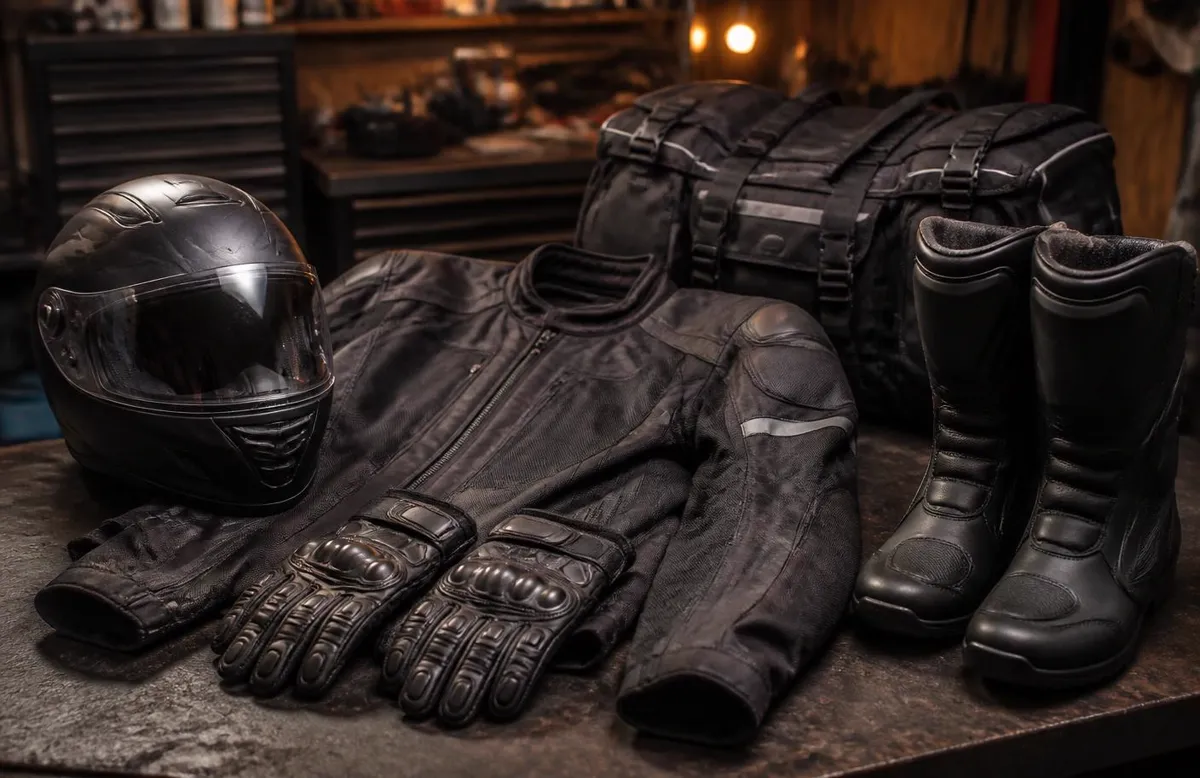 Helmet, armored jacket, gloves, boots and saddlebags laid out on a workbench before a Utah ride