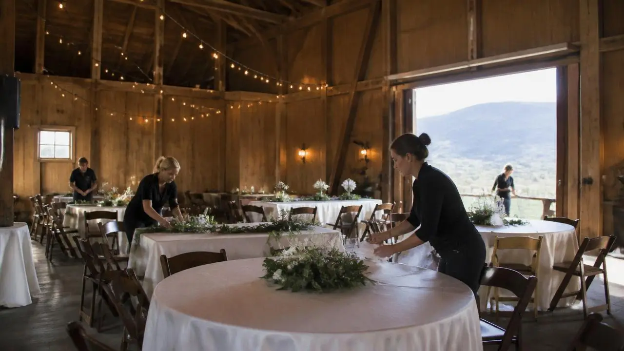 Staff setting tables in a rustic barn event venue in New Harmony, Utah — business insurance, BOP, general liability and workers' comp for New Harmony, Utah 84757 employers