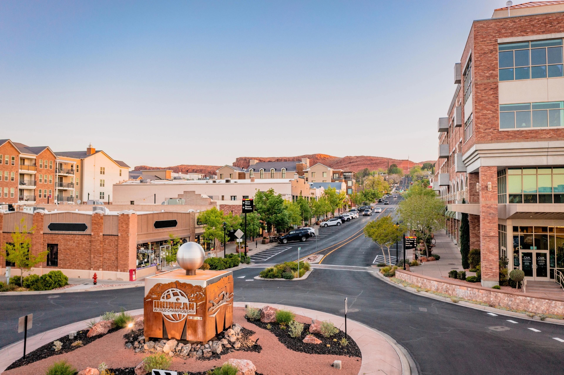 Downtown St. George Ironman roundabout and Main Street — the urban core of Washington County's homeowner market.