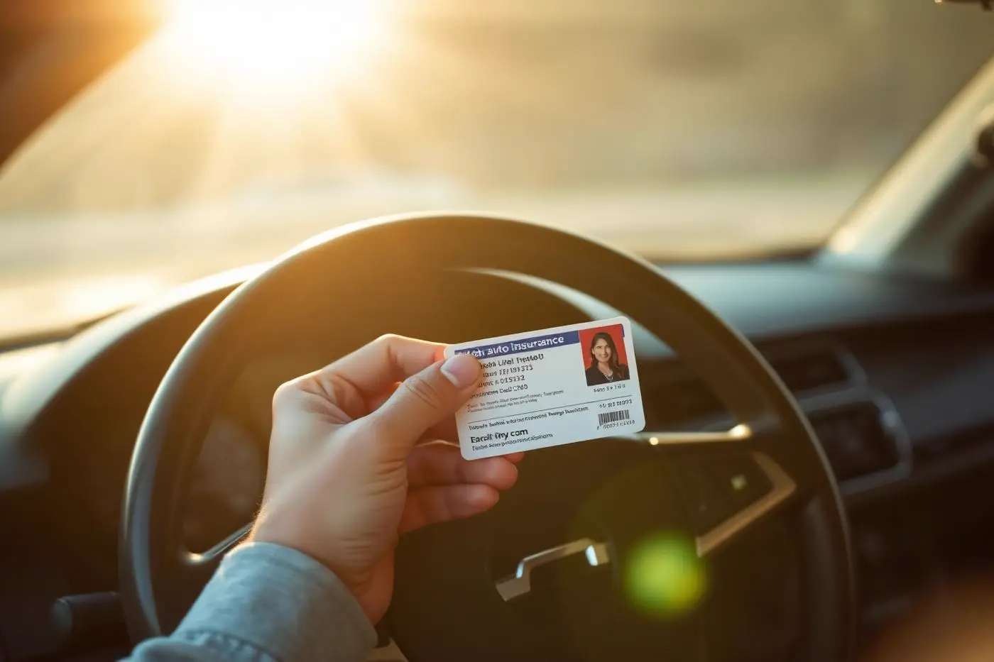 Driver holding a Utah auto insurance ID card behind the steering wheel