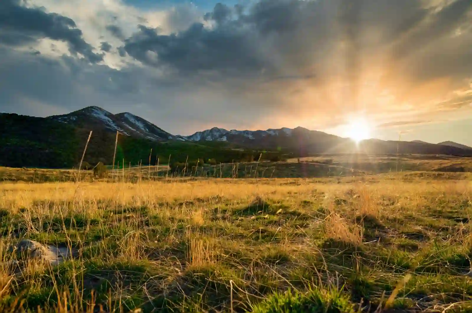 Golden hour sunset over grasslands and snow-dusted mountains in Southern Utah