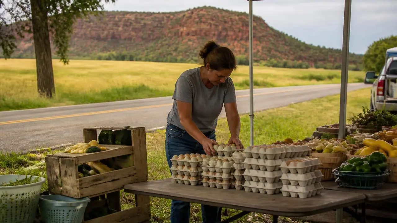 Farm stand with egg cartons and produce beside a country road in Kanarraville, Utah — business insurance, BOP, general liability and workers' comp for Kanarraville, Utah 84742 employers