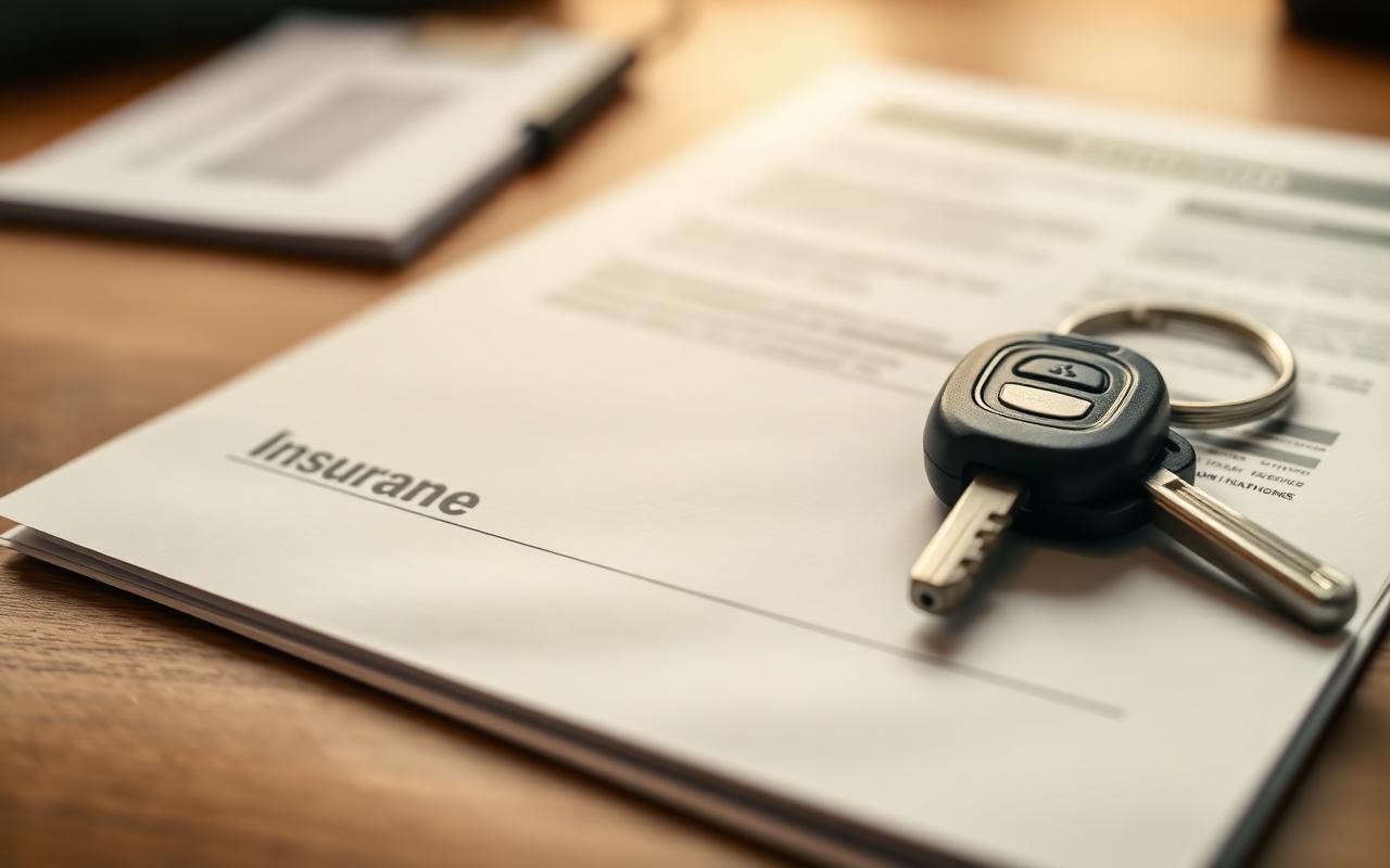 Car keys resting on top of an SR-22 insurance policy and reinstatement paperwork