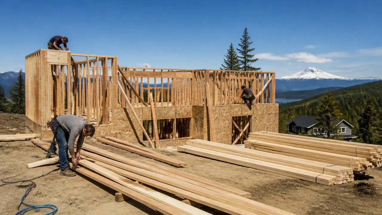 Framing crew building a custom mountain-view home in New Harmony, Utah — business insurance, BOP, general liability and workers' comp for New Harmony, Utah 84757 employers