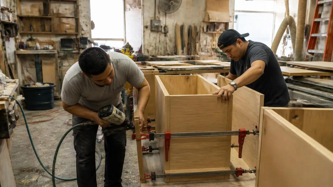 Cabinet shop crew assembling cabinet boxes in Enoch, Utah — business insurance, BOP, general liability and workers' comp for Enoch, Utah 84721 employers