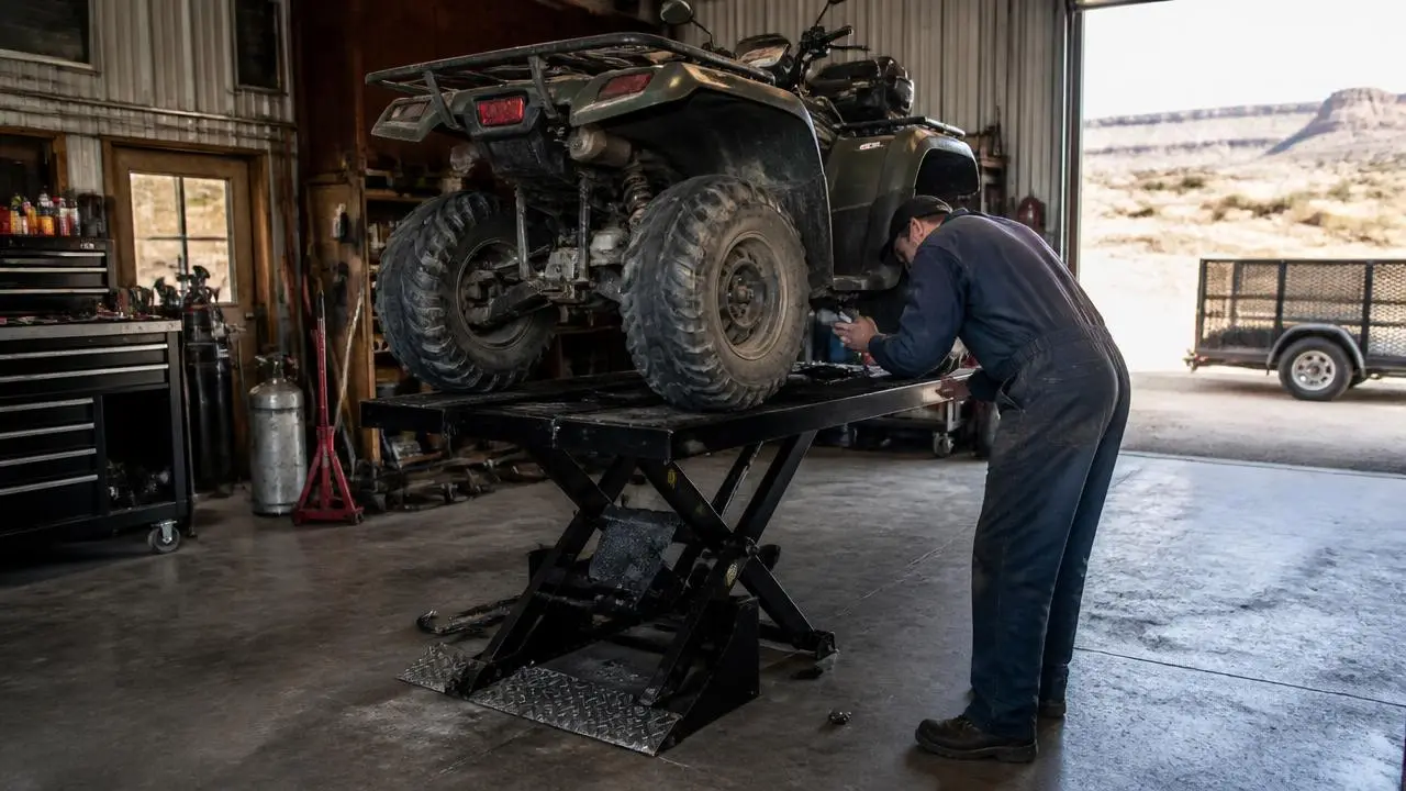Powersports mechanic servicing an ATV in a Hurricane, Utah shop bay — business insurance, BOP, general liability and workers' comp for Hurricane, Utah 84737 employers
