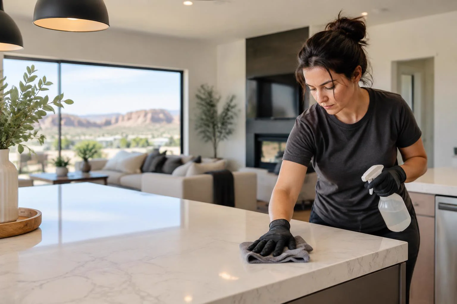 Residential cleaning professional wiping a kitchen counter in a St. George home