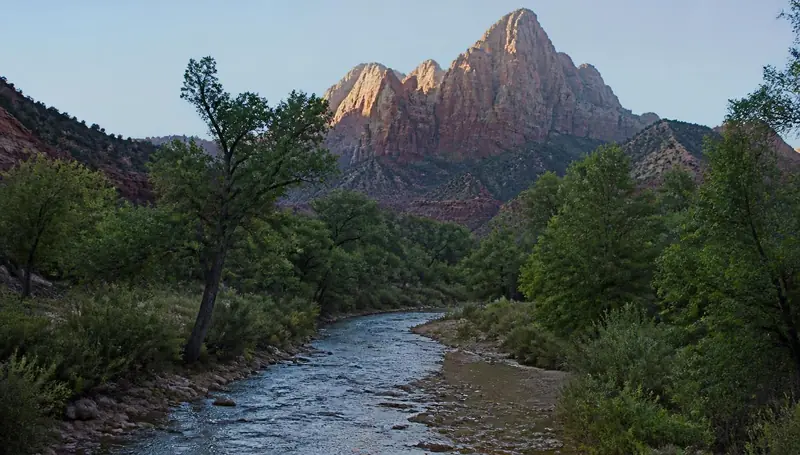 The Virgin River flowing beneath red Zion cliffs near Springdale, Utah — health insurance and ACA Marketplace enrollment for Springdale, Utah 84767 households