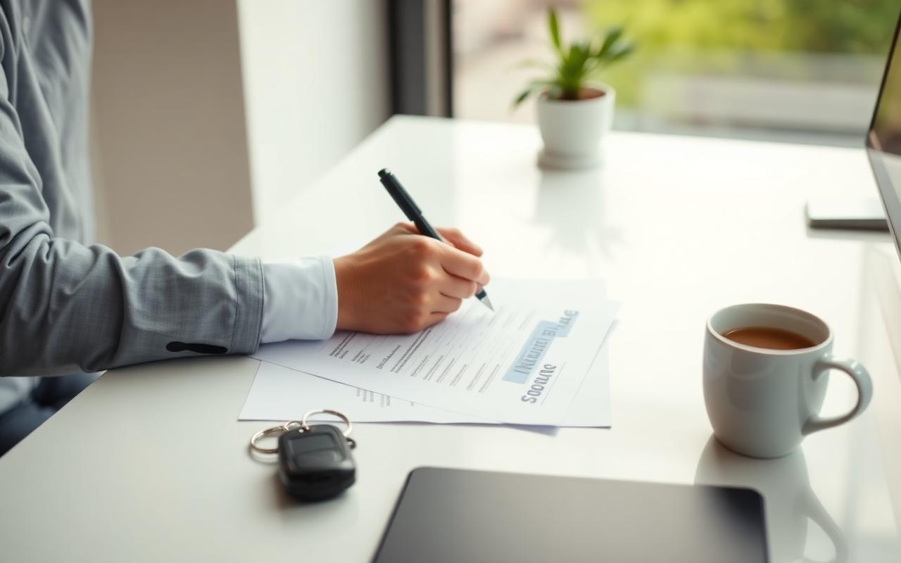 Driver signing an SR-22 auto insurance policy at a desk with car keys nearby