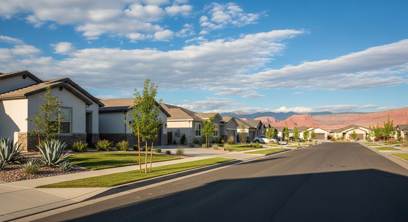 Newer single-family homes lining a Washington City, Utah neighborhood street in Coral Canyon / Washington Fields, with red-rock bluffs and Pine Valley Mountain on the horizon — 84780 homeowners insurance