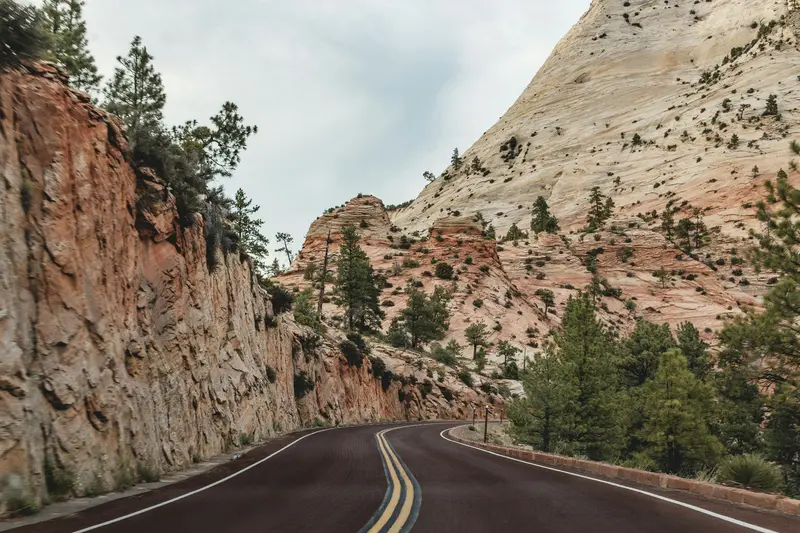 Winding road through Zion National Park sandstone cliffs — Southern Utah health coverage