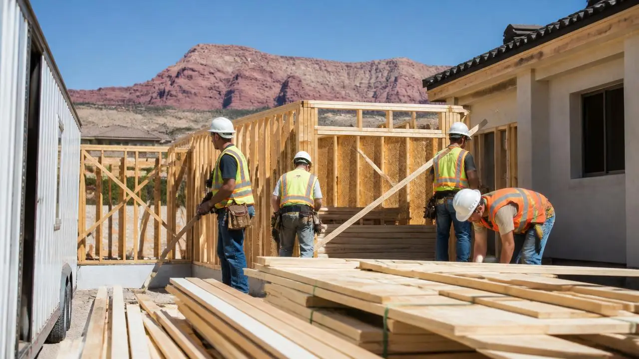 Framing crew setting walls on a new Coral Canyon subdivision build in Washington, Utah — business insurance, BOP, general liability and workers' comp for Washington, Utah 84780 employers