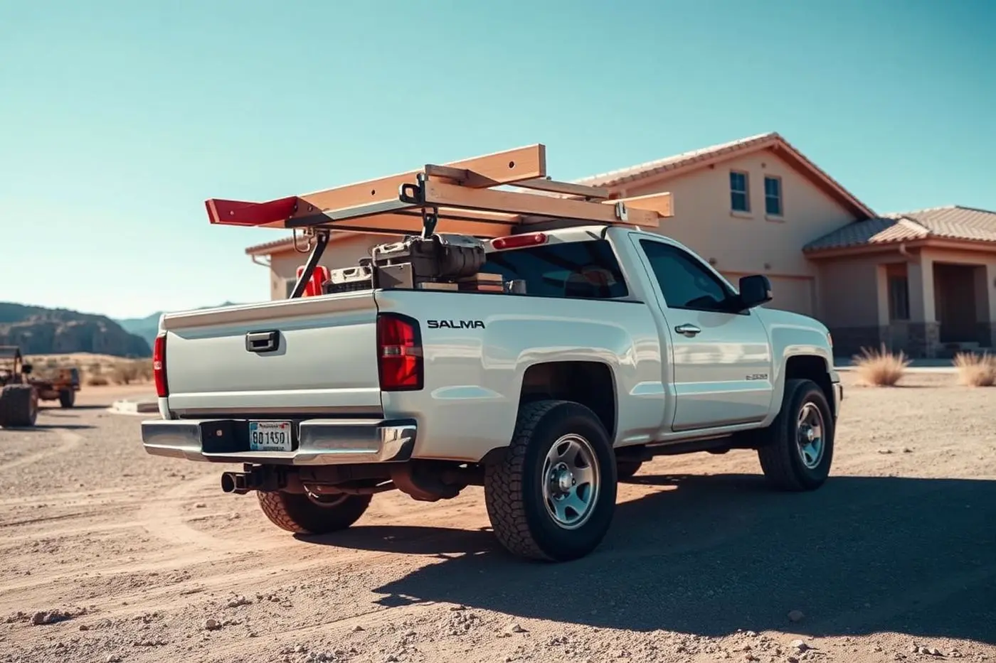 Contractor pickup truck with ladder rack parked at a residential jobsite