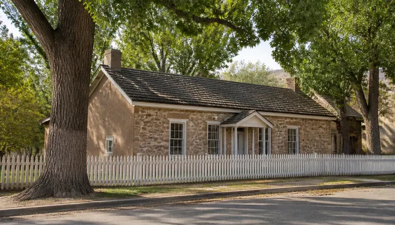 Historic sandstone pioneer house shaded by fruit trees in Toquerville, Utah — health insurance and ACA Marketplace enrollment for Toquerville, Utah 84774 households