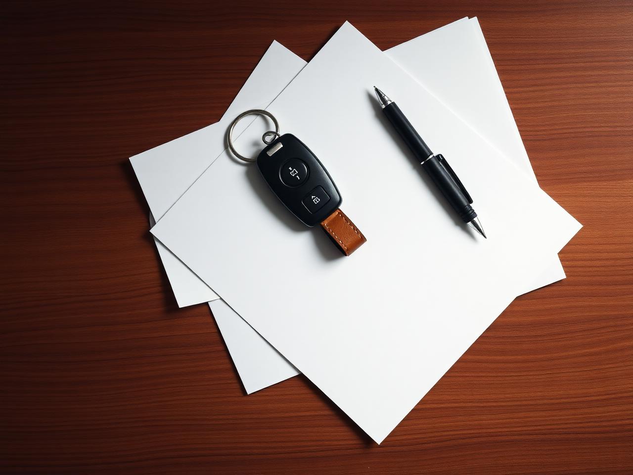 Car key resting on blank SR-22 reinstatement paperwork at a wooden desk