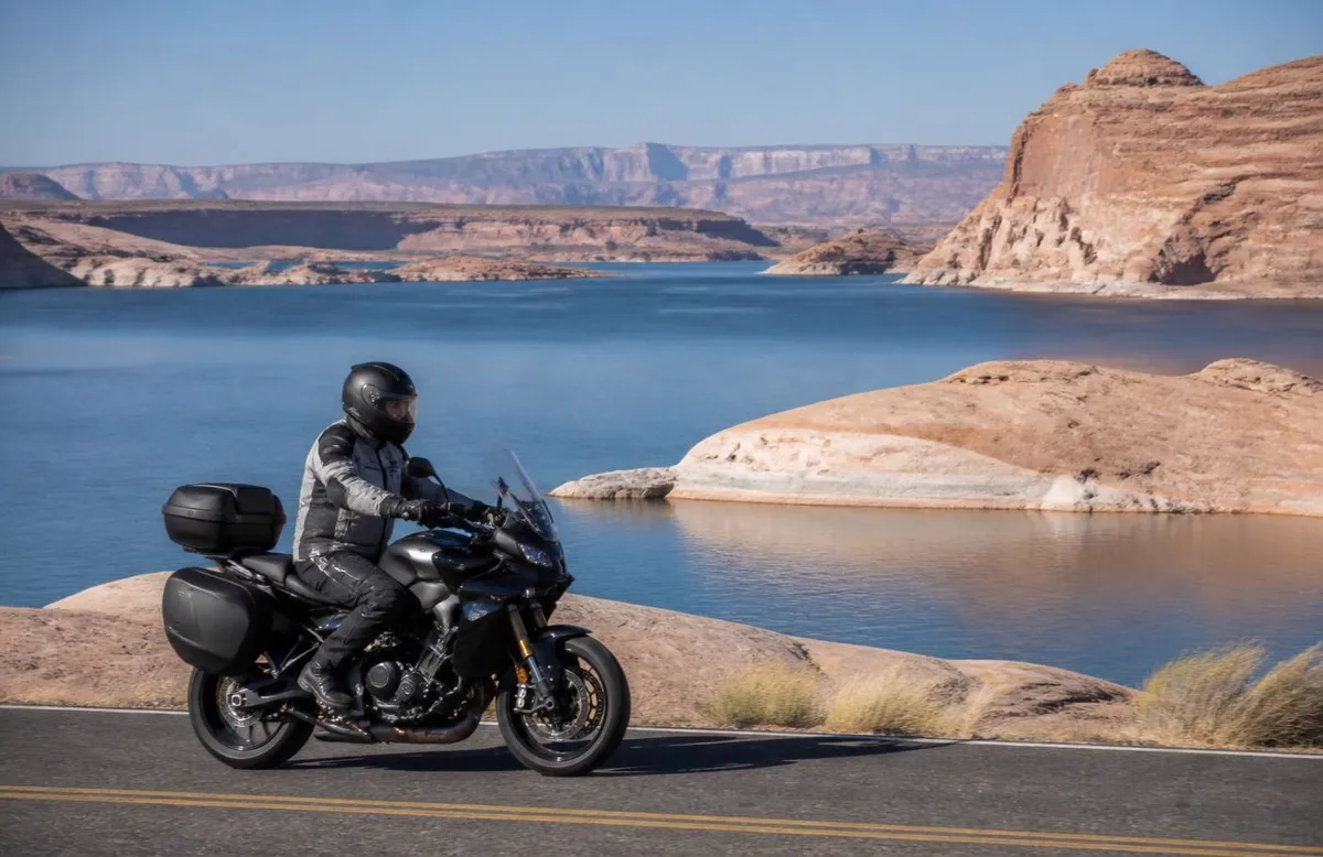 Sport-touring motorcycle on a shoreline highway above a red-rock reservoir near Pine Valley