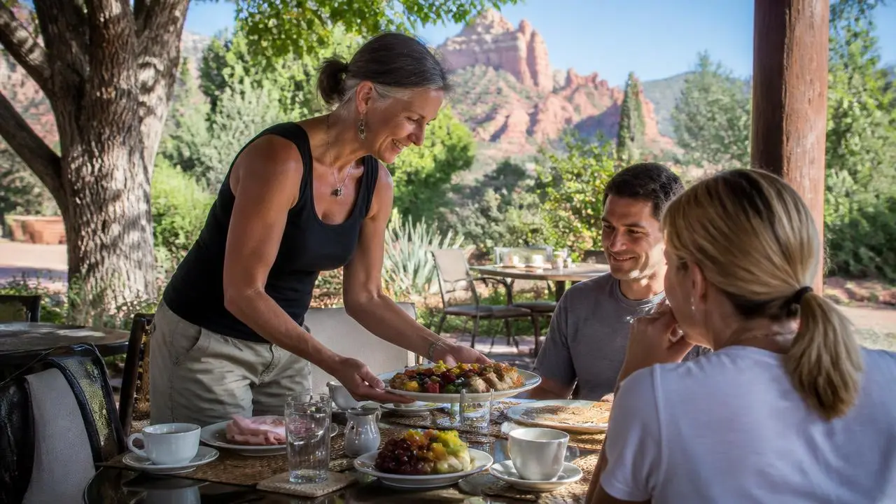 Innkeeper greeting guests on the porch of a Rockville, Utah inn — business insurance, BOP, general liability and workers' comp for Rockville, Utah 84763 employers