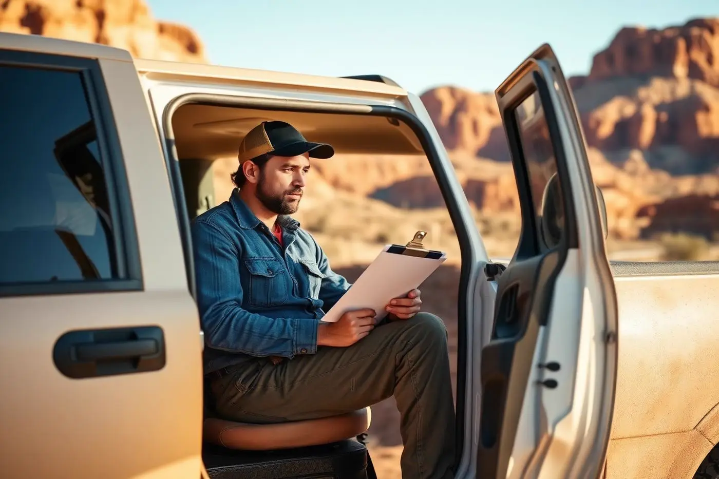 Self-employed tradesman reviewing paperwork in the door of his work truck