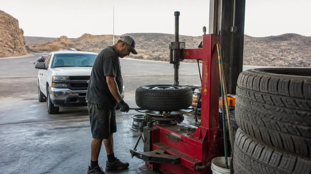 Rural tire shop technician mounting a tire in Veyo, Utah — business insurance, BOP, general liability and workers' comp for Veyo, Utah 84782 employers
