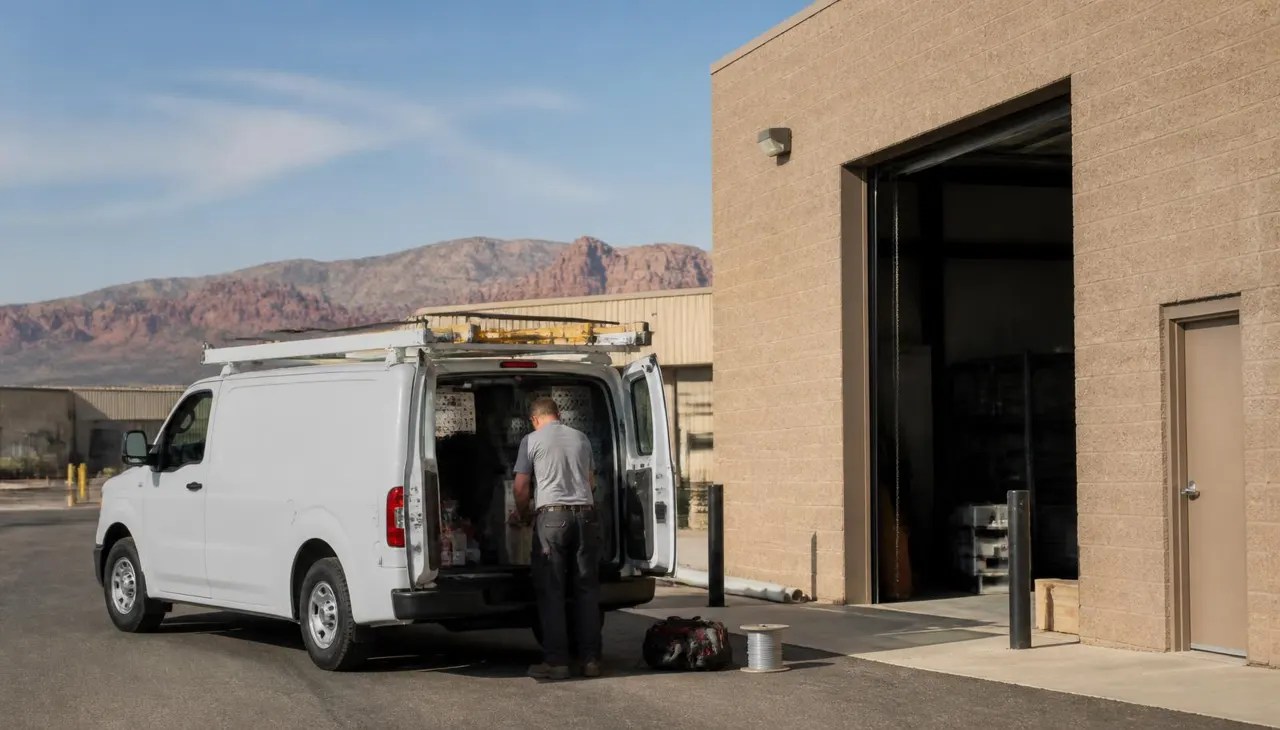 Tradesman loading tools into a white work van outside a light-industrial warehouse bay in St. George, Utah with red rock ridges behind — commercial auto, hired-and-non-owned auto, and tools coverage for 84770 trade businesses