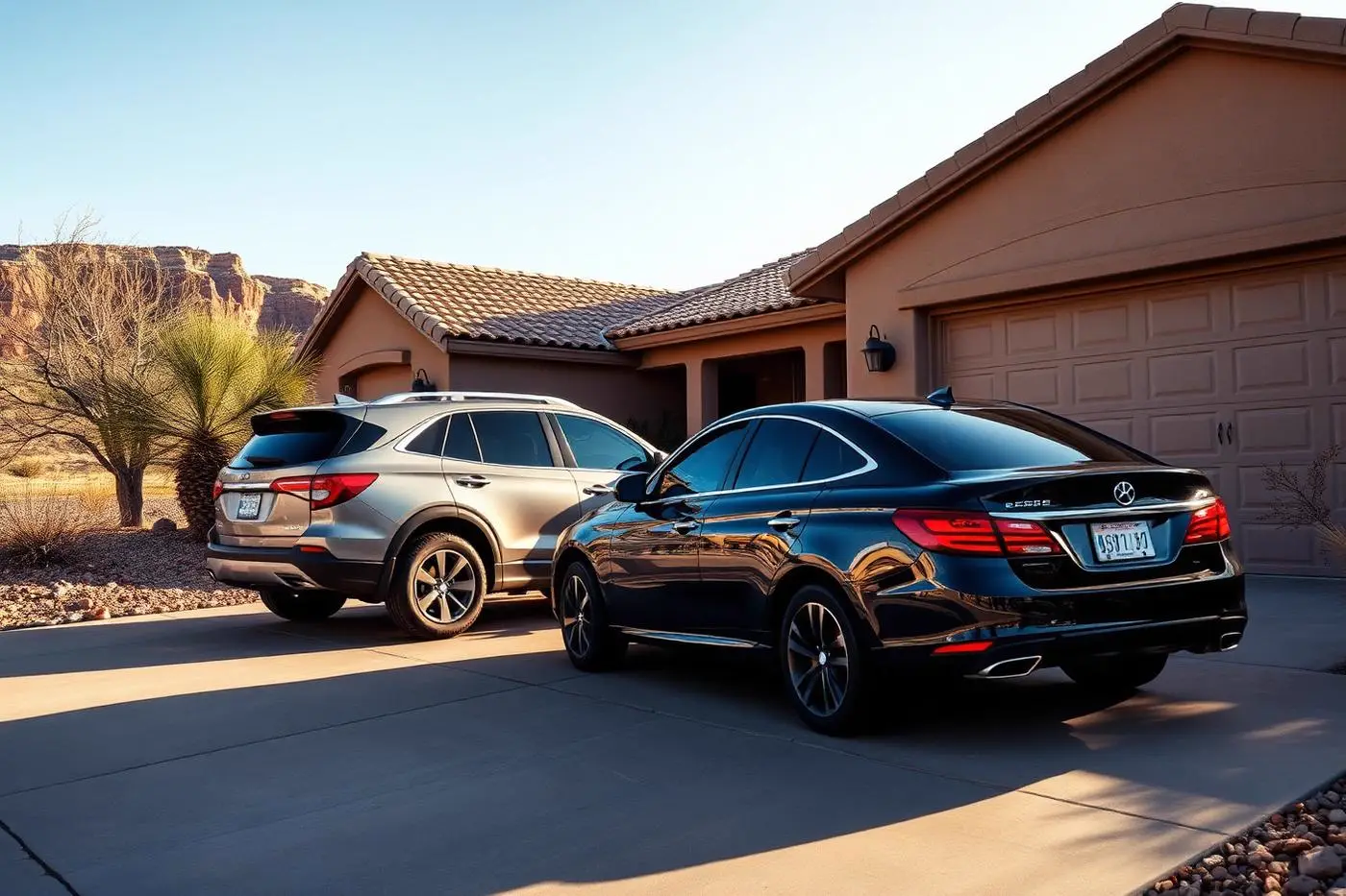 SUV and sedan parked in the driveway of a Southern Utah home