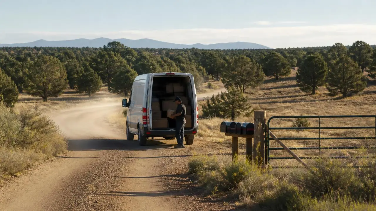 Rural courier van on a Dammeron Valley, Utah dirt road — business insurance, BOP, general liability and workers' comp for Dammeron Valley, Utah 84783 employers