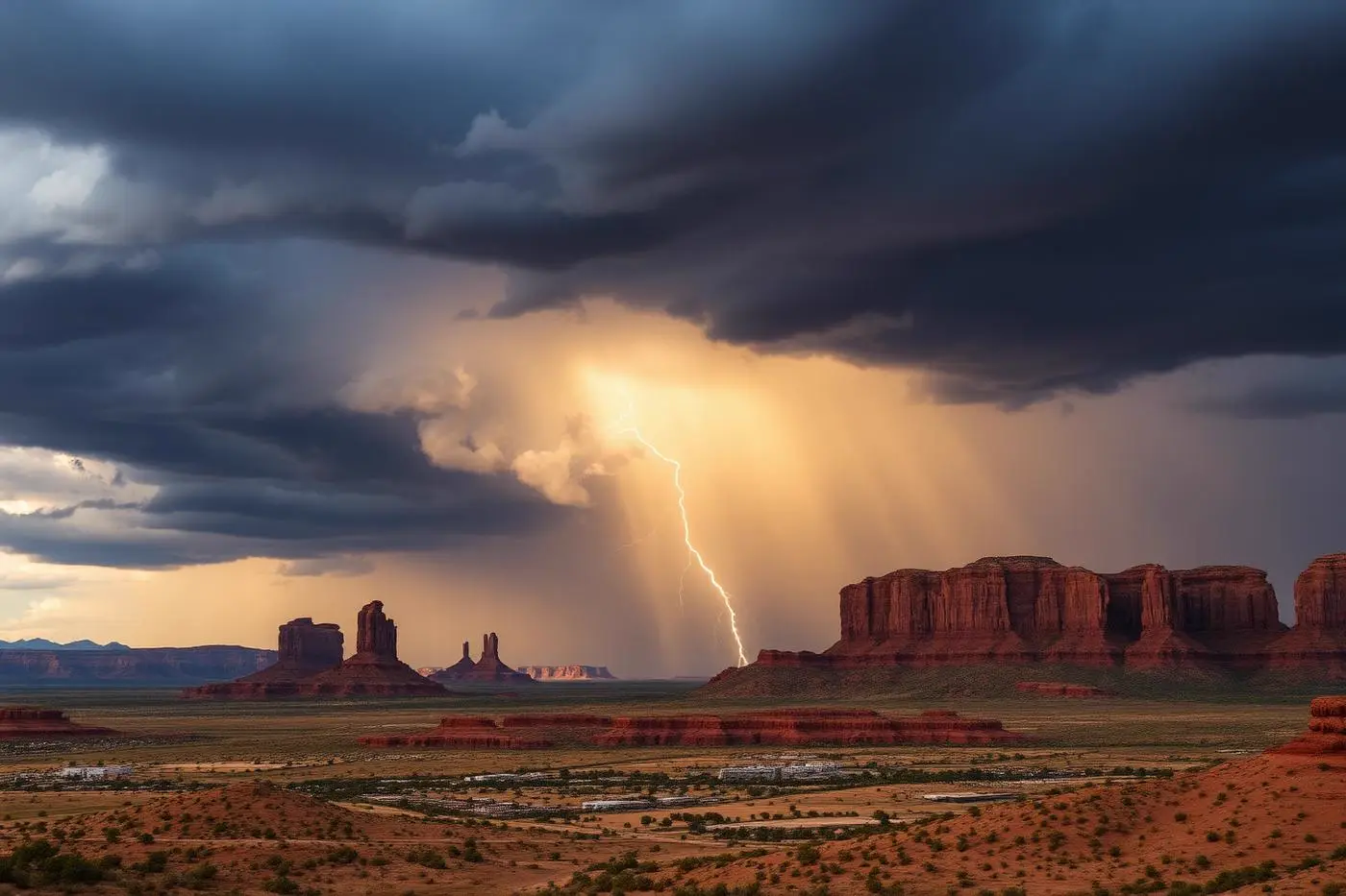 Monsoon thunderstorm with rain shafts over red rock mesas in Southern Utah