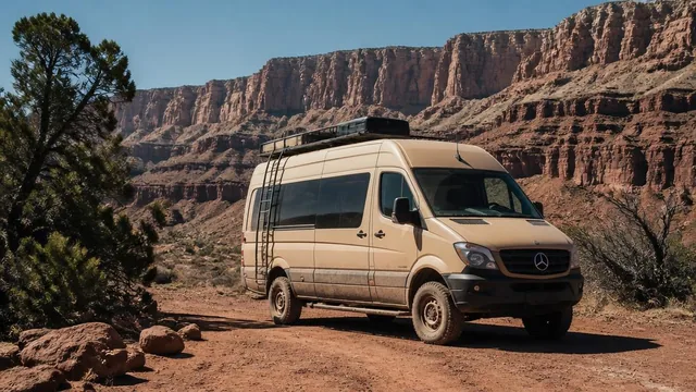 Adventure tour van parked on a red dirt pullout in the canyon country near Rockville, Utah — local commercial insurance risk factors for Rockville, Utah 84763 businesses