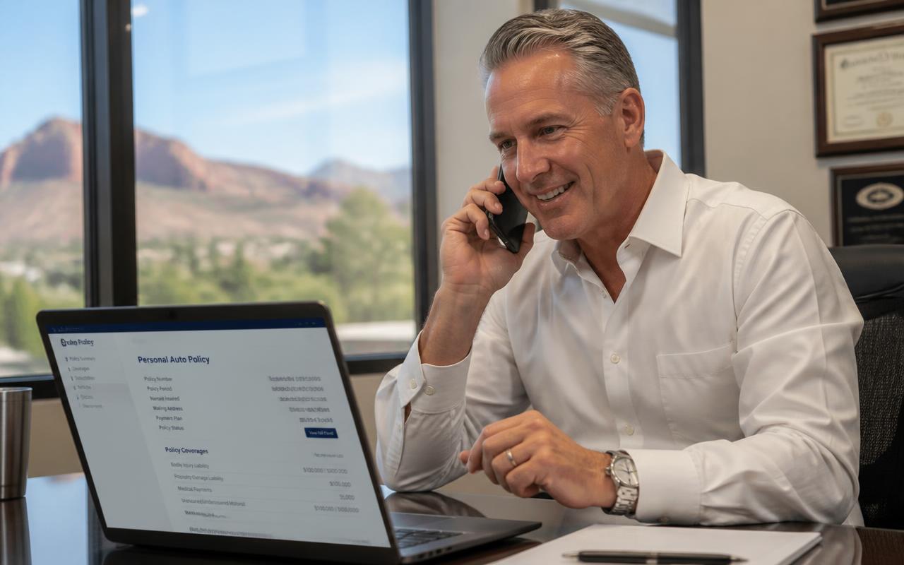OnPoint Insurance agent on the phone reviewing an auto policy for a Utah SR-22 client