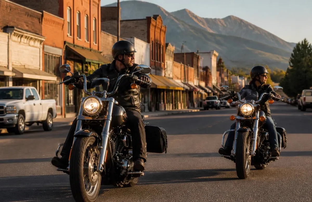 Two cruisers rolling down a small-town main street near Pine Valley, Utah at golden hour