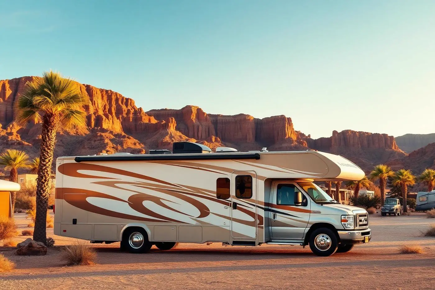 Class A motorhome parked at a desert RV resort with red rock cliffs behind