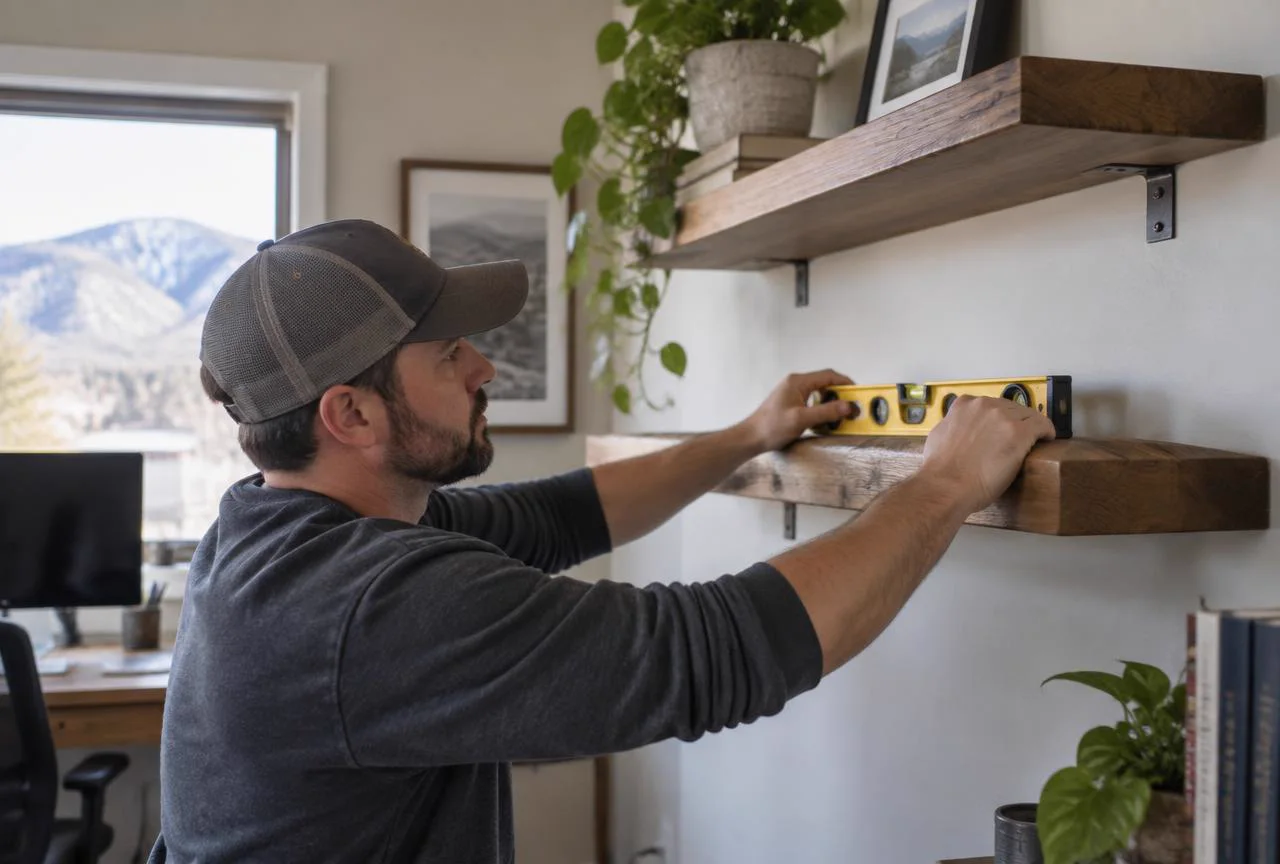 Handyman carefully installing shelving in a Utah home office