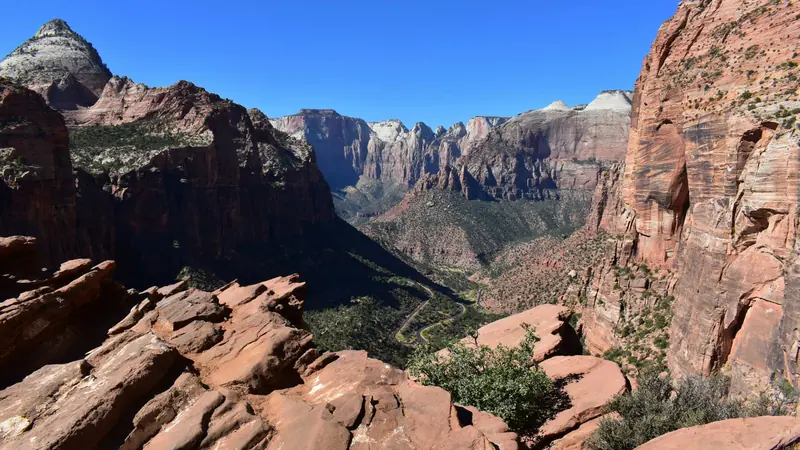 High-angle view over a deep desert canyon with winding roads near Santa Clara, Utah — maternity, pediatric, and small-business health coverage on 84765