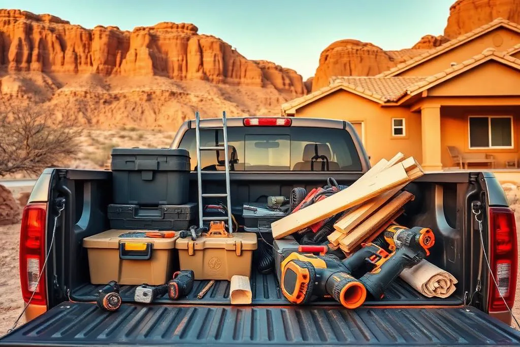 Contractor's pickup truck bed loaded with tools and lumber at a St. George job site with red rock cliffs behind