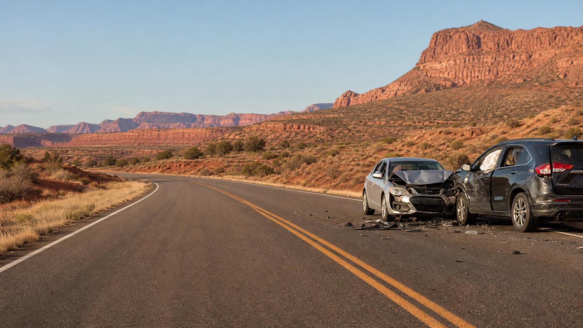 Two-car collision on a Southern Utah desert highway near St. George — auto insurance coverage