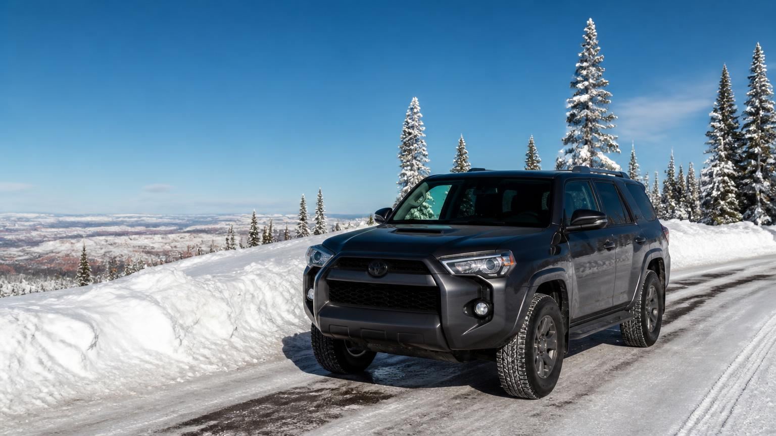 Car insurance in Brian Head, Utah (84719) — SR-143 winding through snowbanks and spruce forest toward the Brian Head ski village
