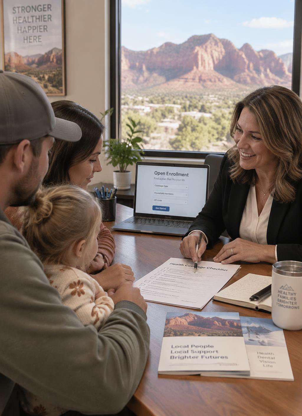 A licensed insurance agent walking a young Southern Utah family through a printed health coverage checklist at a desk, with red cliff views through the office window
