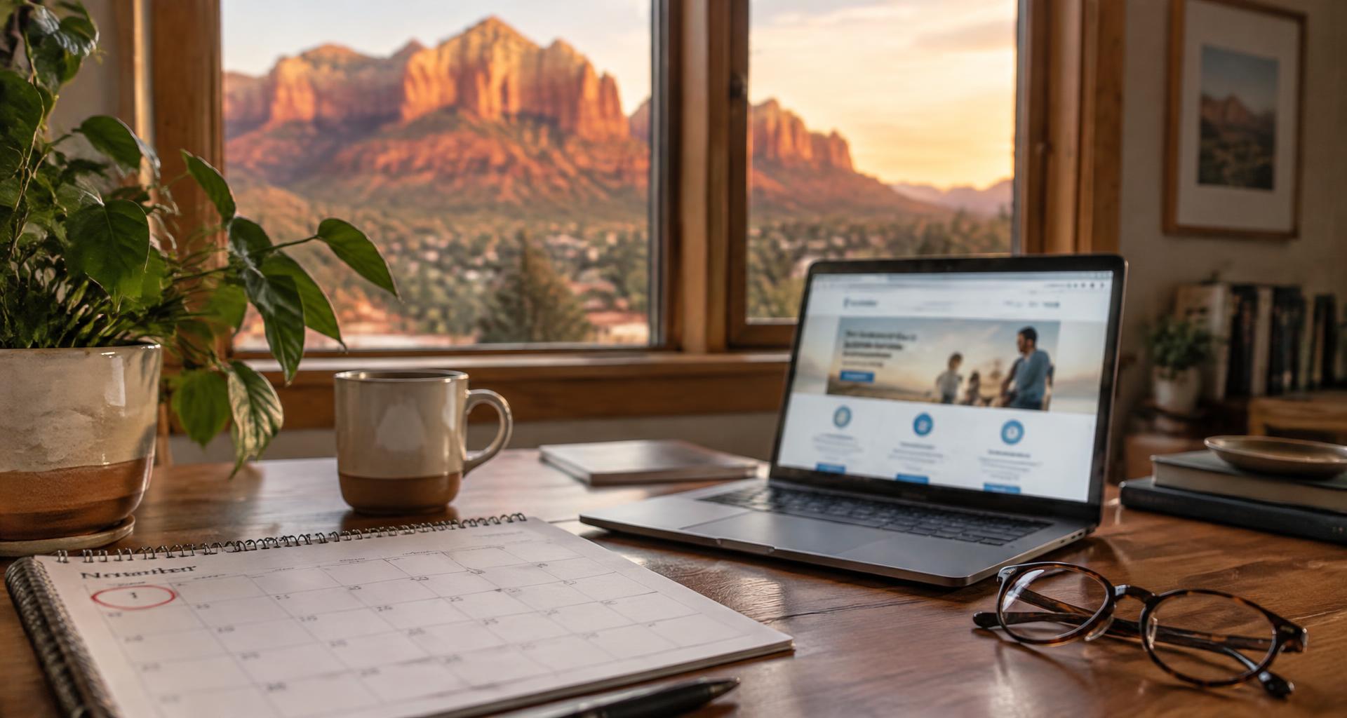 Desk calendar open to November with the 1st circled, a laptop showing a health insurance enrollment page, and red Southern Utah cliffs through the window — Utah open enrollment for 2027 health coverage