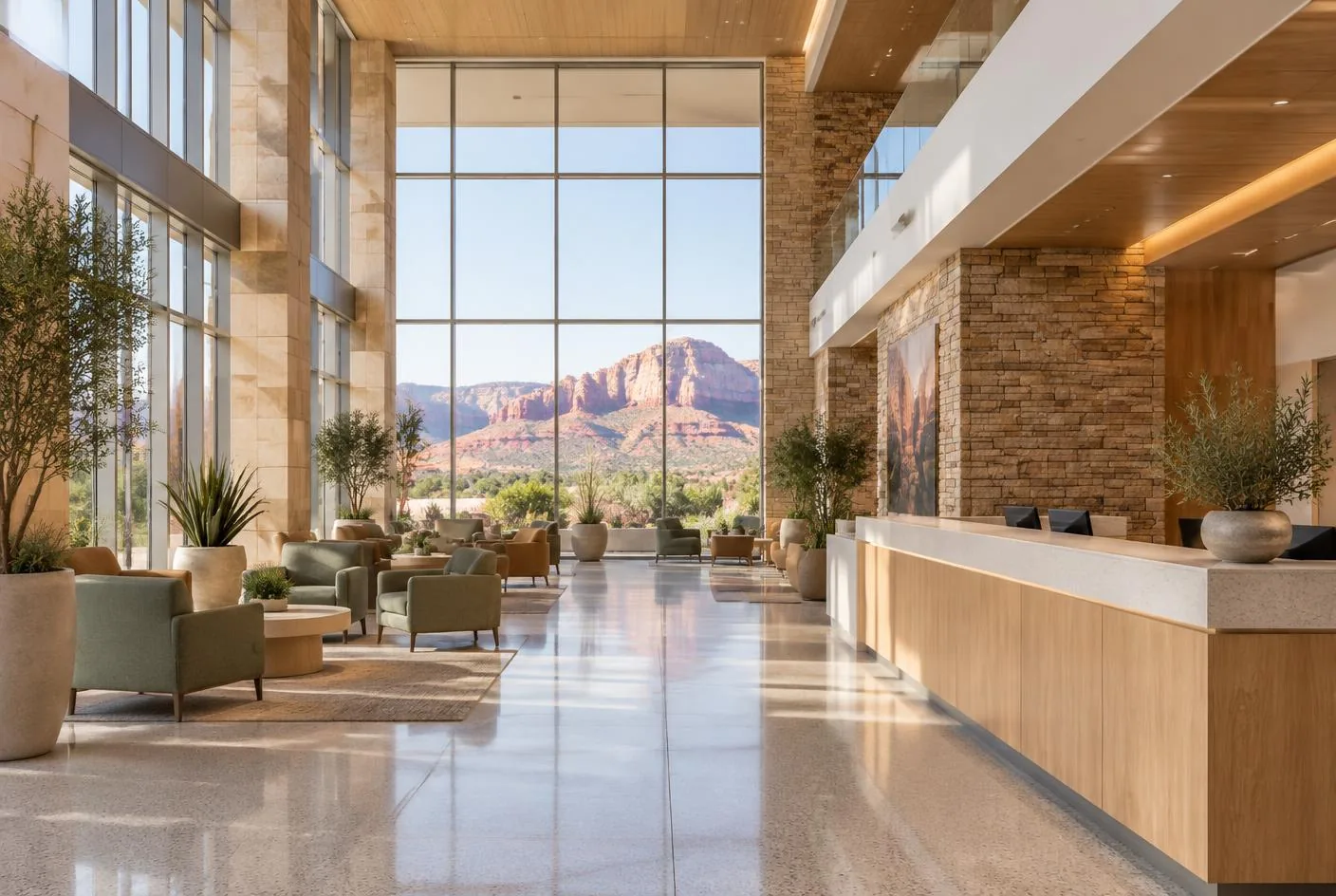 Empty hospital lobby with large windows facing red rock mountains in Southern Utah