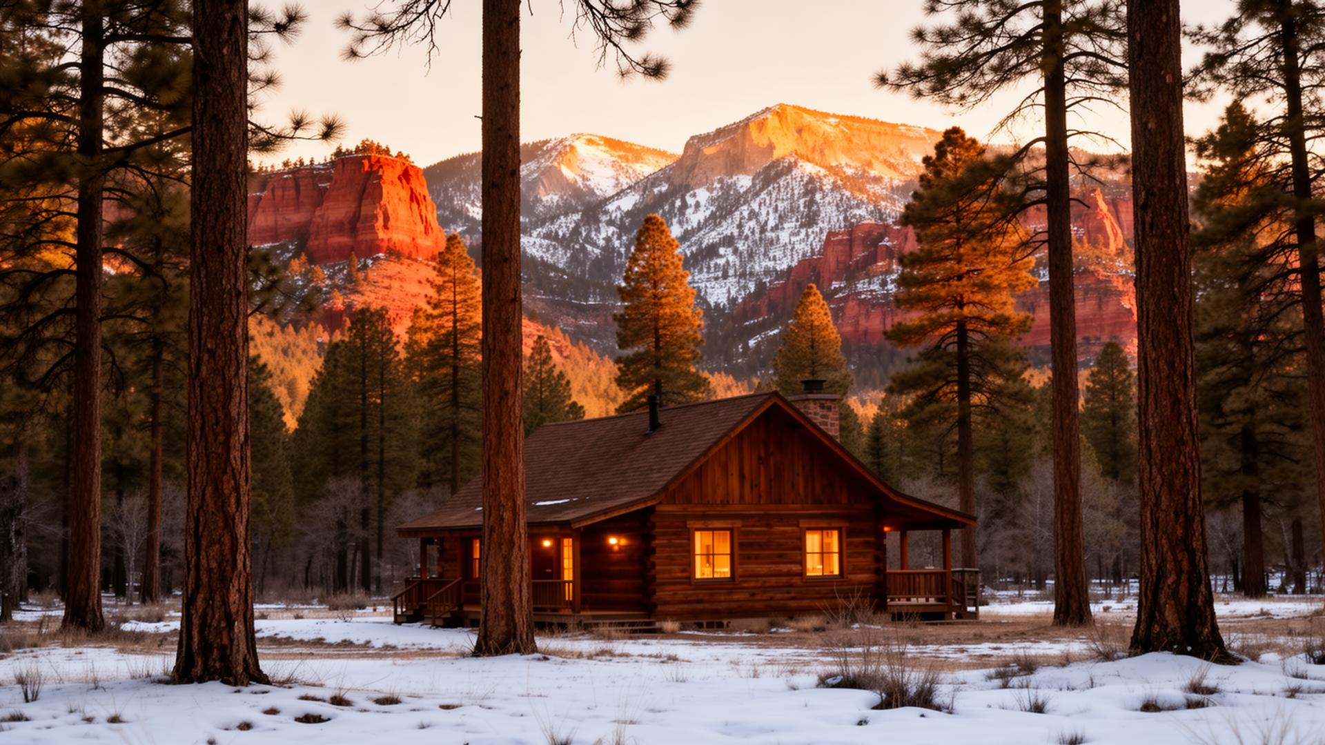 Wood cabin in pine forest at golden hour with Utah red rock cliffs and snow-dusted peaks in the distance — cabin insurance in Utah